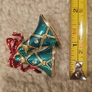 Festive Green and Red Bell Brooch